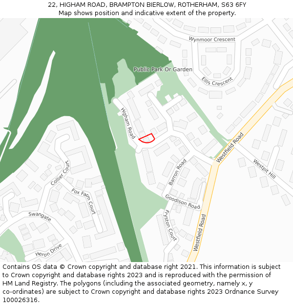 22, HIGHAM ROAD, BRAMPTON BIERLOW, ROTHERHAM, S63 6FY: Location map and indicative extent of plot