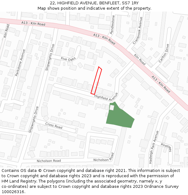 22, HIGHFIELD AVENUE, BENFLEET, SS7 1RY: Location map and indicative extent of plot