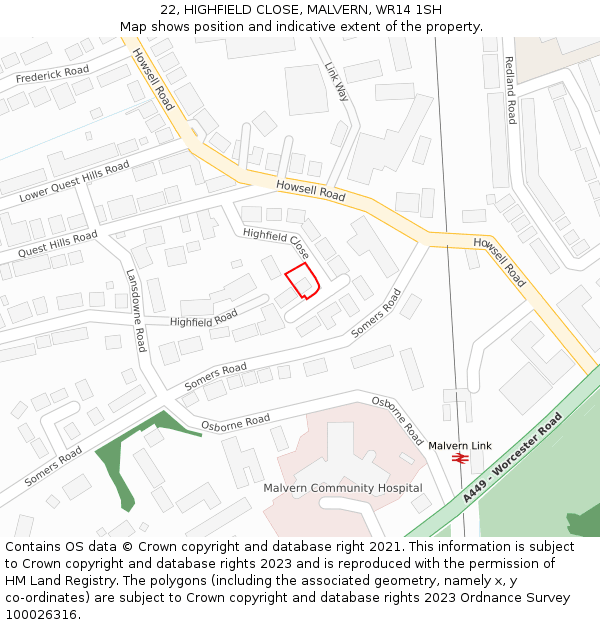 22, HIGHFIELD CLOSE, MALVERN, WR14 1SH: Location map and indicative extent of plot