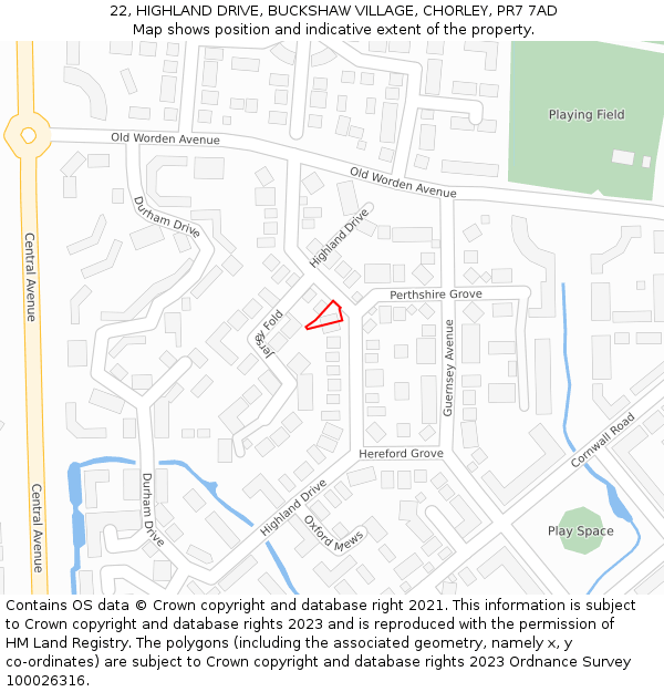 22, HIGHLAND DRIVE, BUCKSHAW VILLAGE, CHORLEY, PR7 7AD: Location map and indicative extent of plot