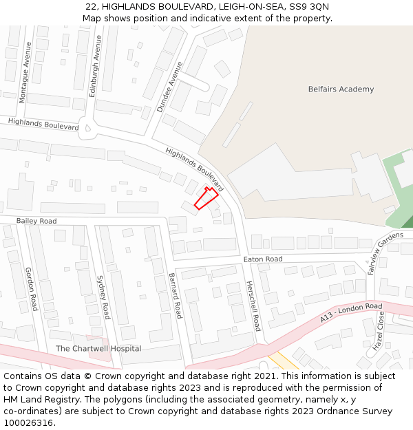 22, HIGHLANDS BOULEVARD, LEIGH-ON-SEA, SS9 3QN: Location map and indicative extent of plot