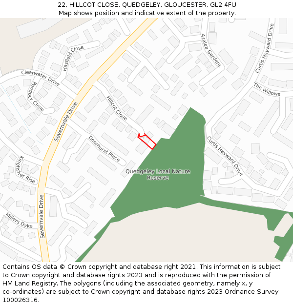 22, HILLCOT CLOSE, QUEDGELEY, GLOUCESTER, GL2 4FU: Location map and indicative extent of plot