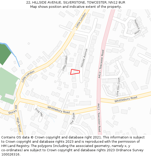 22, HILLSIDE AVENUE, SILVERSTONE, TOWCESTER, NN12 8UR: Location map and indicative extent of plot