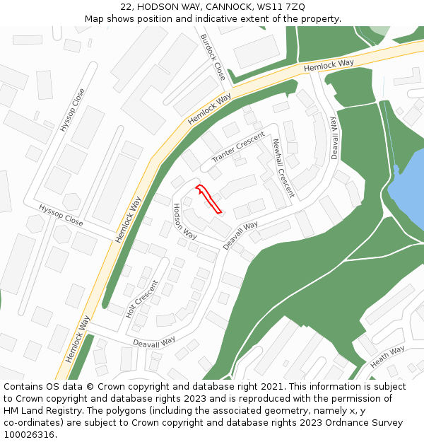22, HODSON WAY, CANNOCK, WS11 7ZQ: Location map and indicative extent of plot