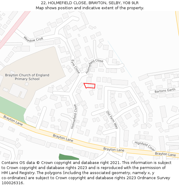 22, HOLMEFIELD CLOSE, BRAYTON, SELBY, YO8 9LR: Location map and indicative extent of plot
