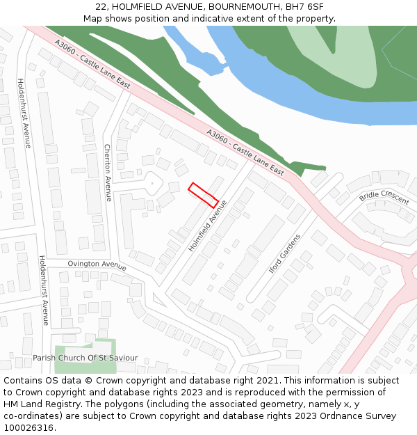 22, HOLMFIELD AVENUE, BOURNEMOUTH, BH7 6SF: Location map and indicative extent of plot
