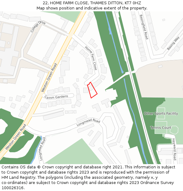 22, HOME FARM CLOSE, THAMES DITTON, KT7 0HZ: Location map and indicative extent of plot