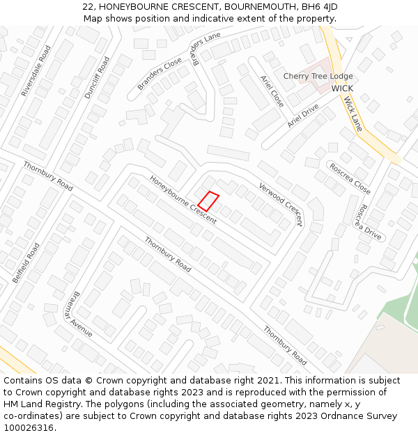 22, HONEYBOURNE CRESCENT, BOURNEMOUTH, BH6 4JD: Location map and indicative extent of plot