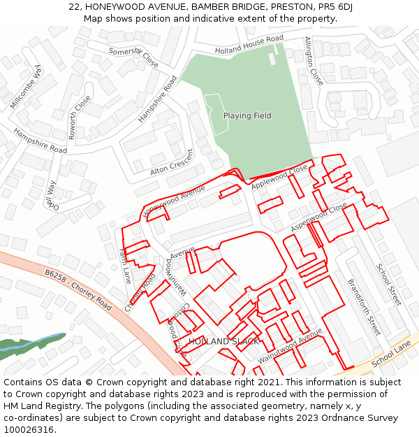 22, HONEYWOOD AVENUE, BAMBER BRIDGE, PRESTON, PR5 6DJ: Location map and indicative extent of plot