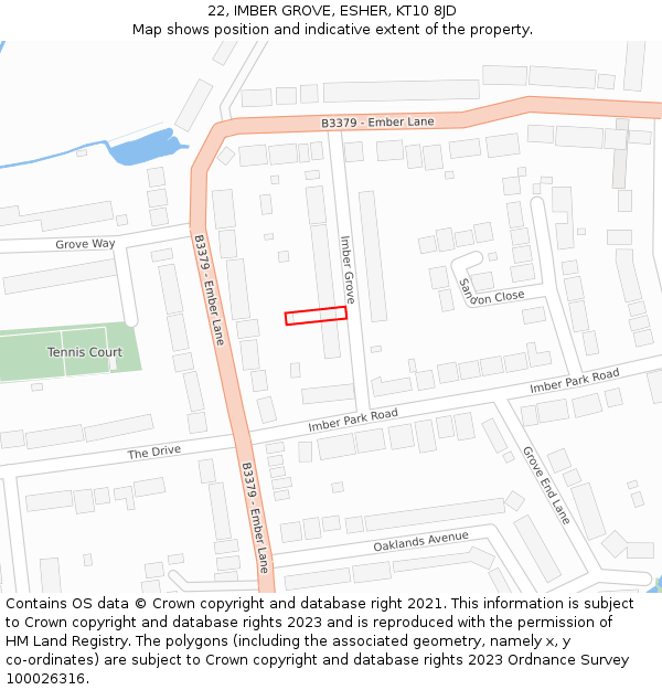 22, IMBER GROVE, ESHER, KT10 8JD: Location map and indicative extent of plot