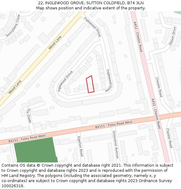 22, INGLEWOOD GROVE, SUTTON COLDFIELD, B74 3LN: Location map and indicative extent of plot