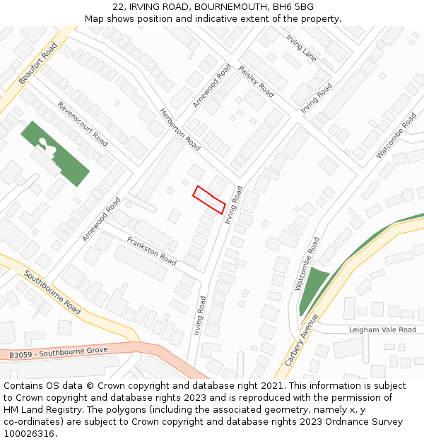 22, IRVING ROAD, BOURNEMOUTH, BH6 5BG: Location map and indicative extent of plot