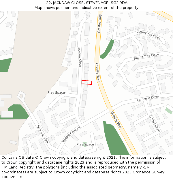 22, JACKDAW CLOSE, STEVENAGE, SG2 9DA: Location map and indicative extent of plot