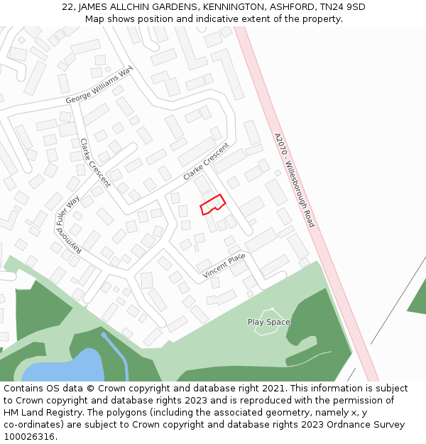 22, JAMES ALLCHIN GARDENS, KENNINGTON, ASHFORD, TN24 9SD: Location map and indicative extent of plot