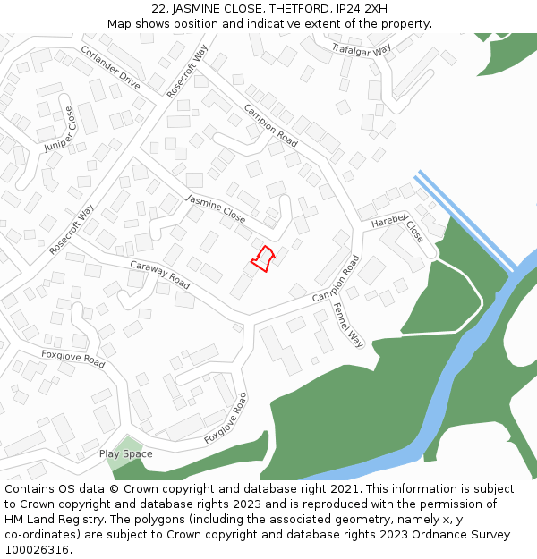 22, JASMINE CLOSE, THETFORD, IP24 2XH: Location map and indicative extent of plot