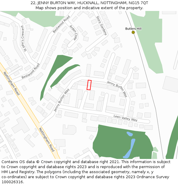 22, JENNY BURTON WAY, HUCKNALL, NOTTINGHAM, NG15 7QT: Location map and indicative extent of plot