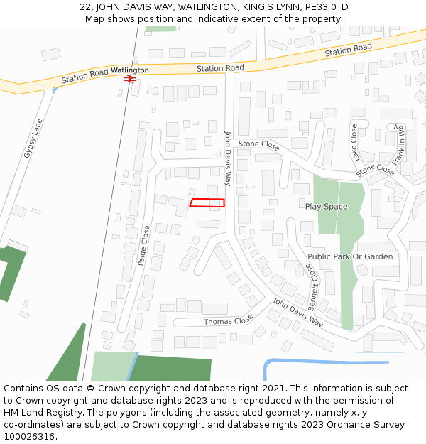 22, JOHN DAVIS WAY, WATLINGTON, KING'S LYNN, PE33 0TD: Location map and indicative extent of plot