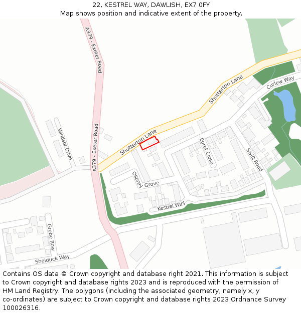 22, KESTREL WAY, DAWLISH, EX7 0FY: Location map and indicative extent of plot