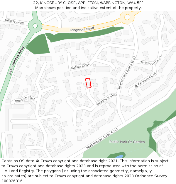 22, KINGSBURY CLOSE, APPLETON, WARRINGTON, WA4 5FF: Location map and indicative extent of plot