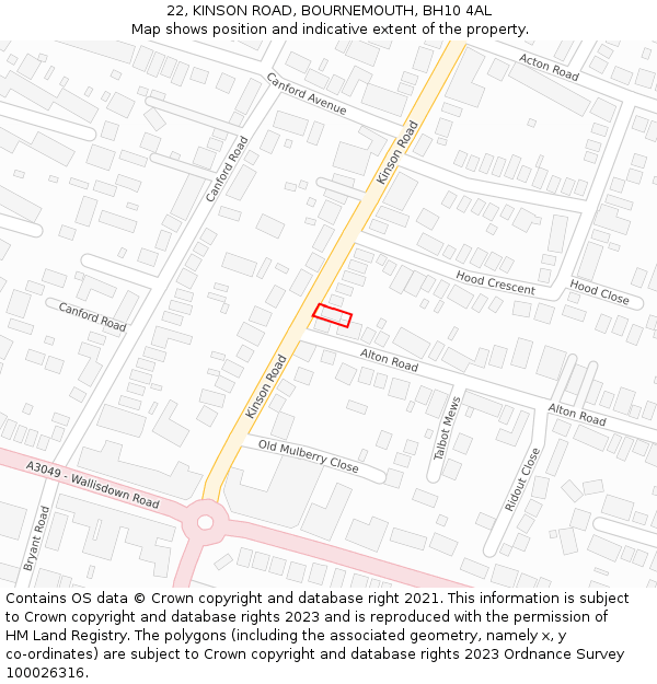 22, KINSON ROAD, BOURNEMOUTH, BH10 4AL: Location map and indicative extent of plot