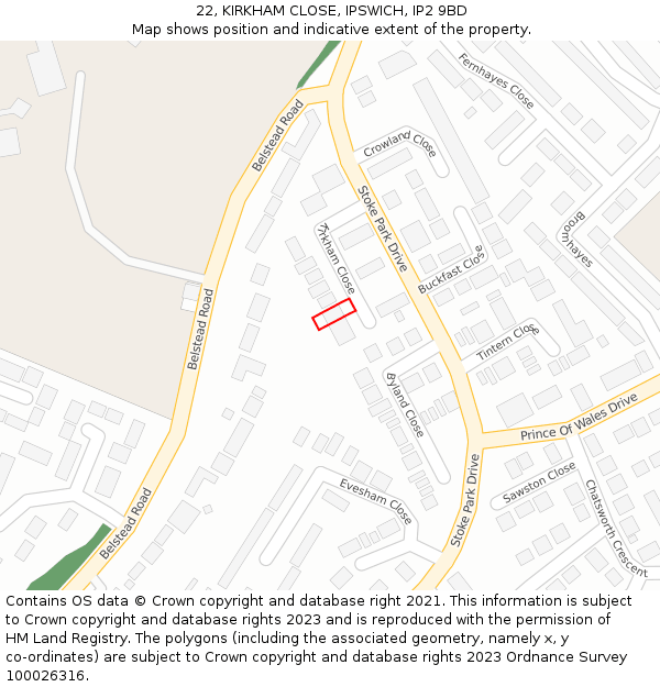 22, KIRKHAM CLOSE, IPSWICH, IP2 9BD: Location map and indicative extent of plot
