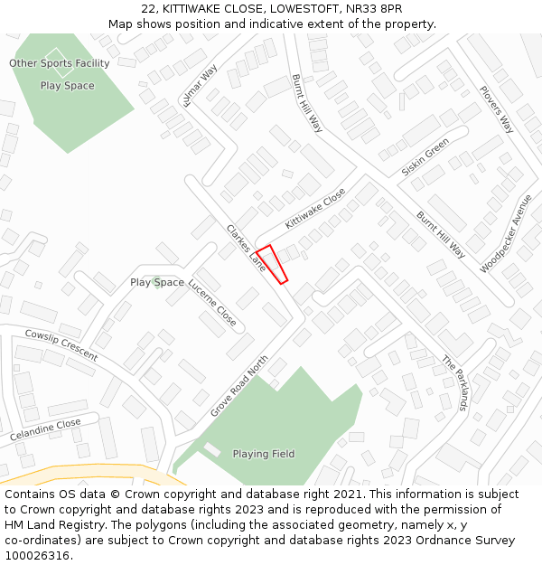 22, KITTIWAKE CLOSE, LOWESTOFT, NR33 8PR: Location map and indicative extent of plot