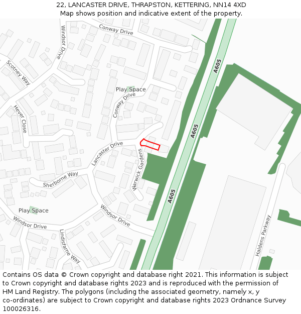 22, LANCASTER DRIVE, THRAPSTON, KETTERING, NN14 4XD: Location map and indicative extent of plot