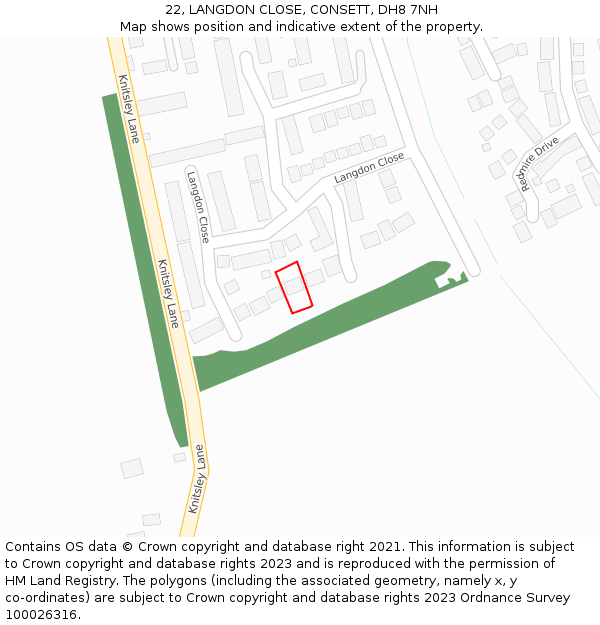 22, LANGDON CLOSE, CONSETT, DH8 7NH: Location map and indicative extent of plot