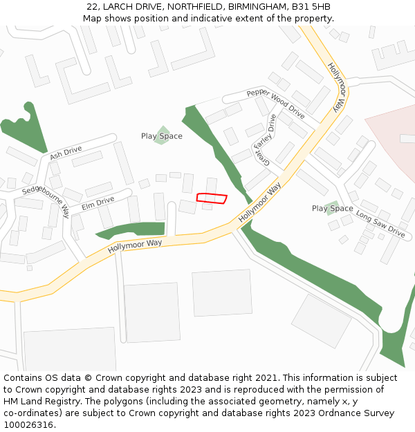 22, LARCH DRIVE, NORTHFIELD, BIRMINGHAM, B31 5HB: Location map and indicative extent of plot