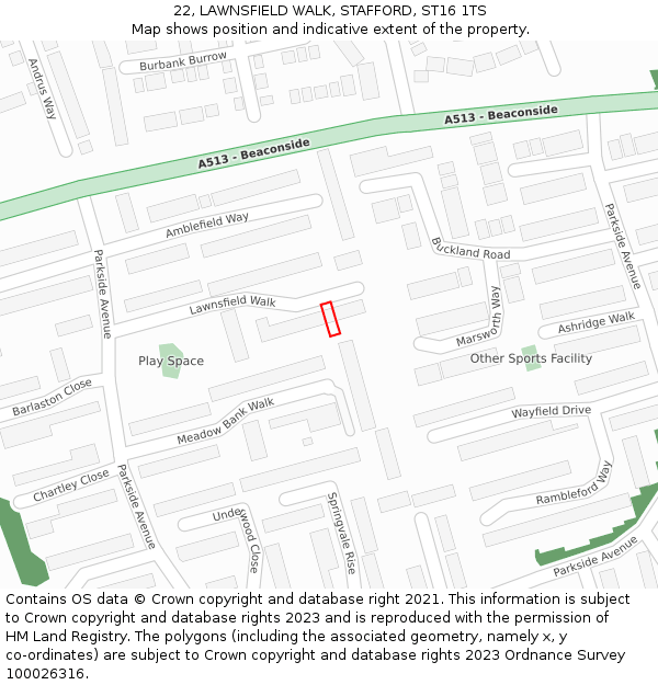 22, LAWNSFIELD WALK, STAFFORD, ST16 1TS: Location map and indicative extent of plot