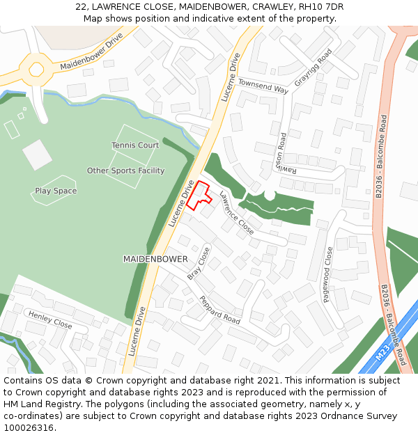 22, LAWRENCE CLOSE, MAIDENBOWER, CRAWLEY, RH10 7DR: Location map and indicative extent of plot