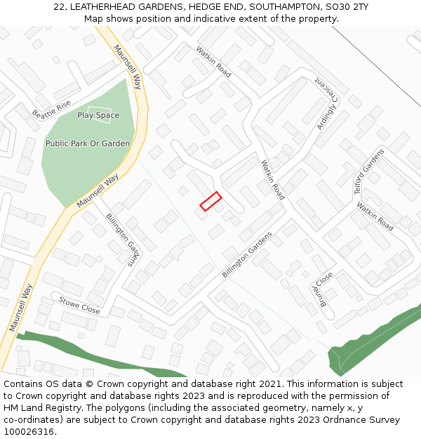 22, LEATHERHEAD GARDENS, HEDGE END, SOUTHAMPTON, SO30 2TY: Location map and indicative extent of plot
