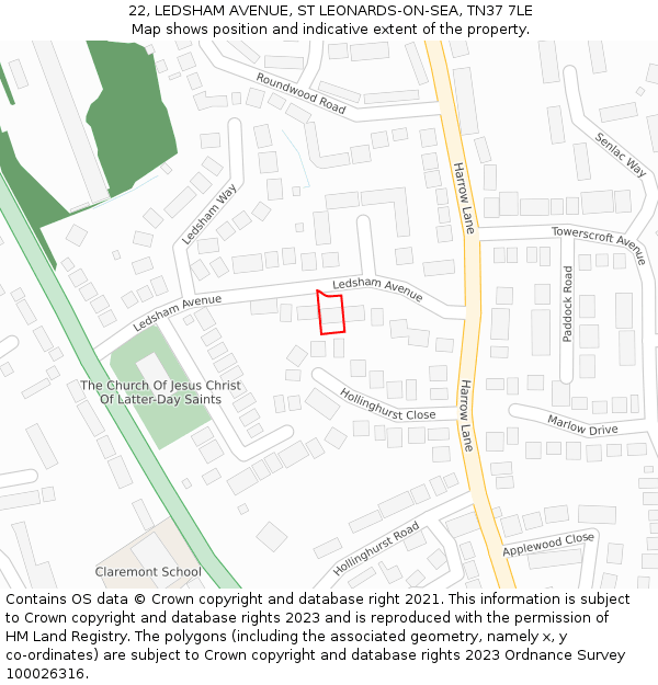22, LEDSHAM AVENUE, ST LEONARDS-ON-SEA, TN37 7LE: Location map and indicative extent of plot