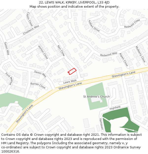 22, LEWIS WALK, KIRKBY, LIVERPOOL, L33 4JD: Location map and indicative extent of plot