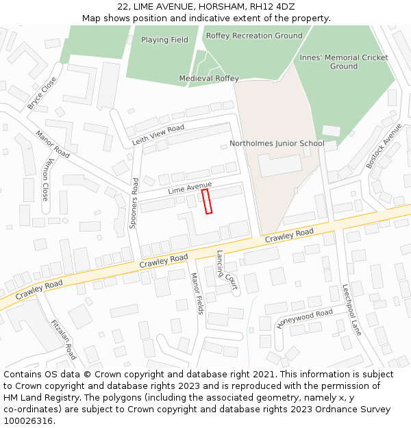 22, LIME AVENUE, HORSHAM, RH12 4DZ: Location map and indicative extent of plot