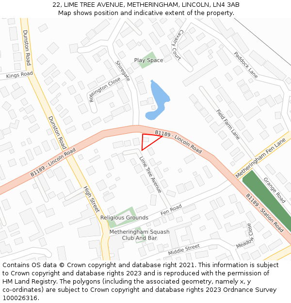 22, LIME TREE AVENUE, METHERINGHAM, LINCOLN, LN4 3AB: Location map and indicative extent of plot