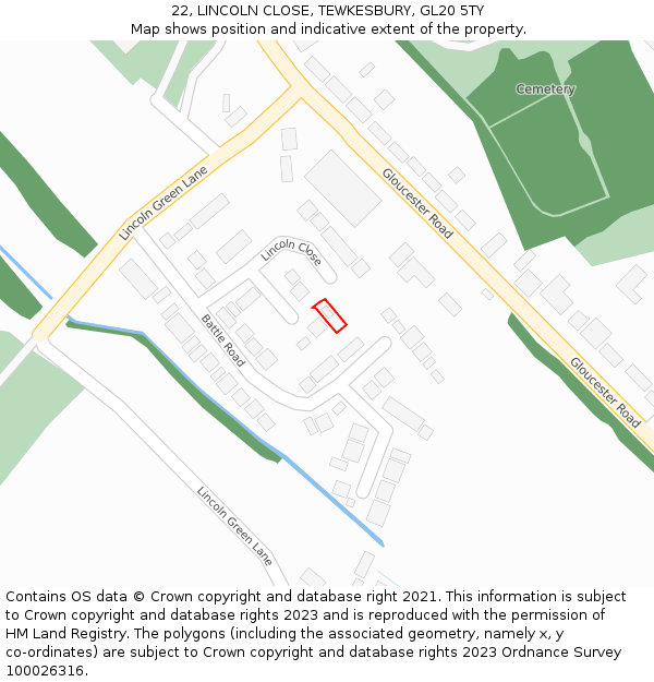 22, LINCOLN CLOSE, TEWKESBURY, GL20 5TY: Location map and indicative extent of plot