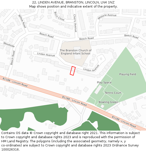 22, LINDEN AVENUE, BRANSTON, LINCOLN, LN4 1NZ: Location map and indicative extent of plot