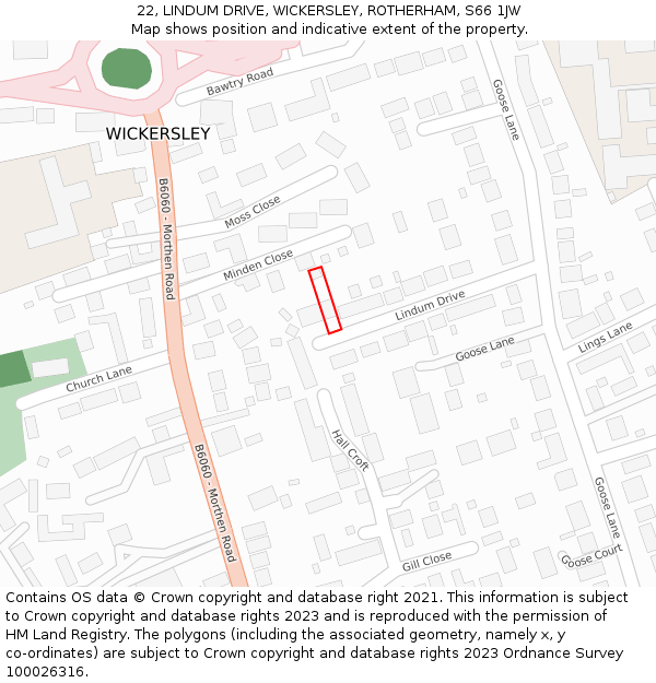 22, LINDUM DRIVE, WICKERSLEY, ROTHERHAM, S66 1JW: Location map and indicative extent of plot