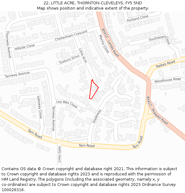 22, LITTLE ACRE, THORNTON-CLEVELEYS, FY5 5ND: Location map and indicative extent of plot