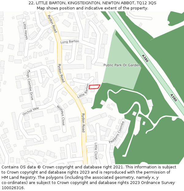 22, LITTLE BARTON, KINGSTEIGNTON, NEWTON ABBOT, TQ12 3QS: Location map and indicative extent of plot