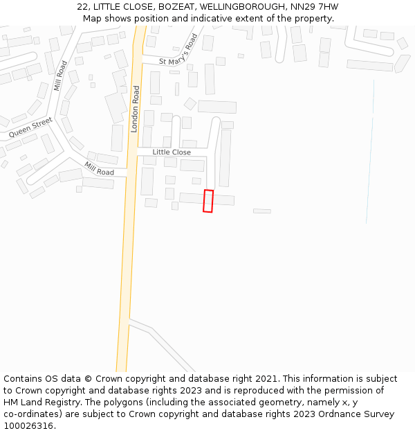 22, LITTLE CLOSE, BOZEAT, WELLINGBOROUGH, NN29 7HW: Location map and indicative extent of plot