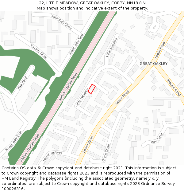 22, LITTLE MEADOW, GREAT OAKLEY, CORBY, NN18 8JN: Location map and indicative extent of plot