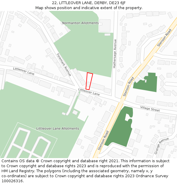 22, LITTLEOVER LANE, DERBY, DE23 6JF: Location map and indicative extent of plot