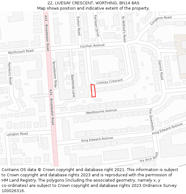22, LIVESAY CRESCENT, WORTHING, BN14 8AS: Location map and indicative extent of plot