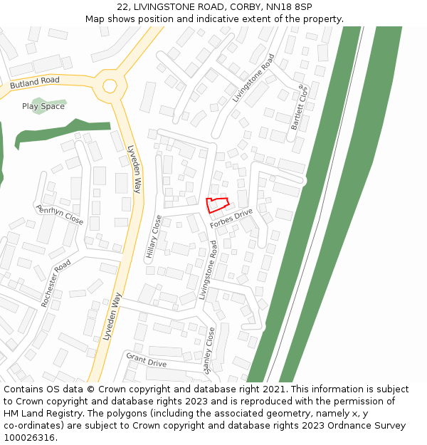 22, LIVINGSTONE ROAD, CORBY, NN18 8SP: Location map and indicative extent of plot