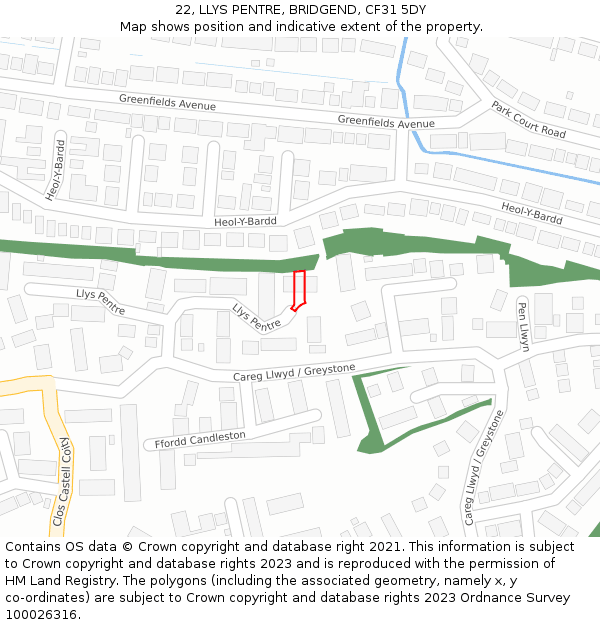 22, LLYS PENTRE, BRIDGEND, CF31 5DY: Location map and indicative extent of plot