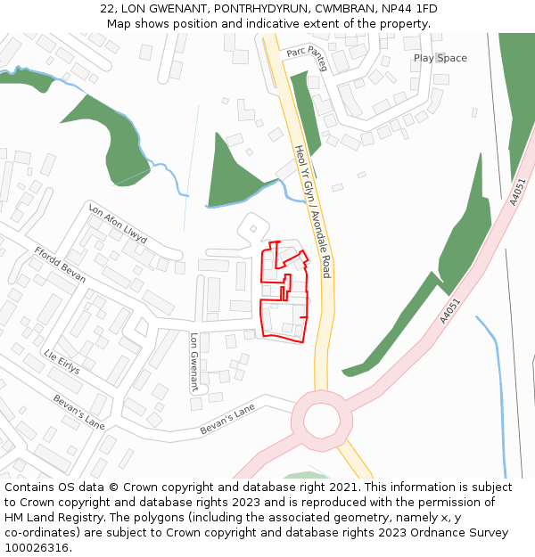 22, LON GWENANT, PONTRHYDYRUN, CWMBRAN, NP44 1FD: Location map and indicative extent of plot