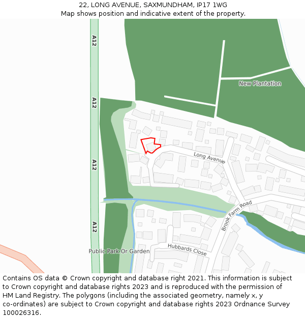 22, LONG AVENUE, SAXMUNDHAM, IP17 1WG: Location map and indicative extent of plot