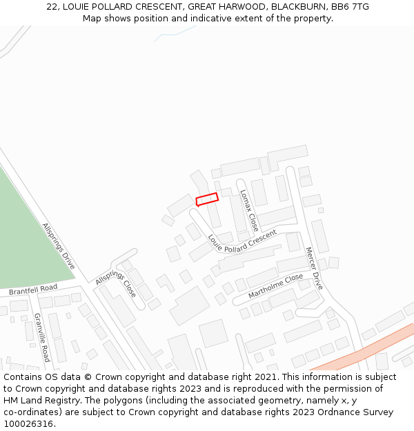 22, LOUIE POLLARD CRESCENT, GREAT HARWOOD, BLACKBURN, BB6 7TG: Location map and indicative extent of plot